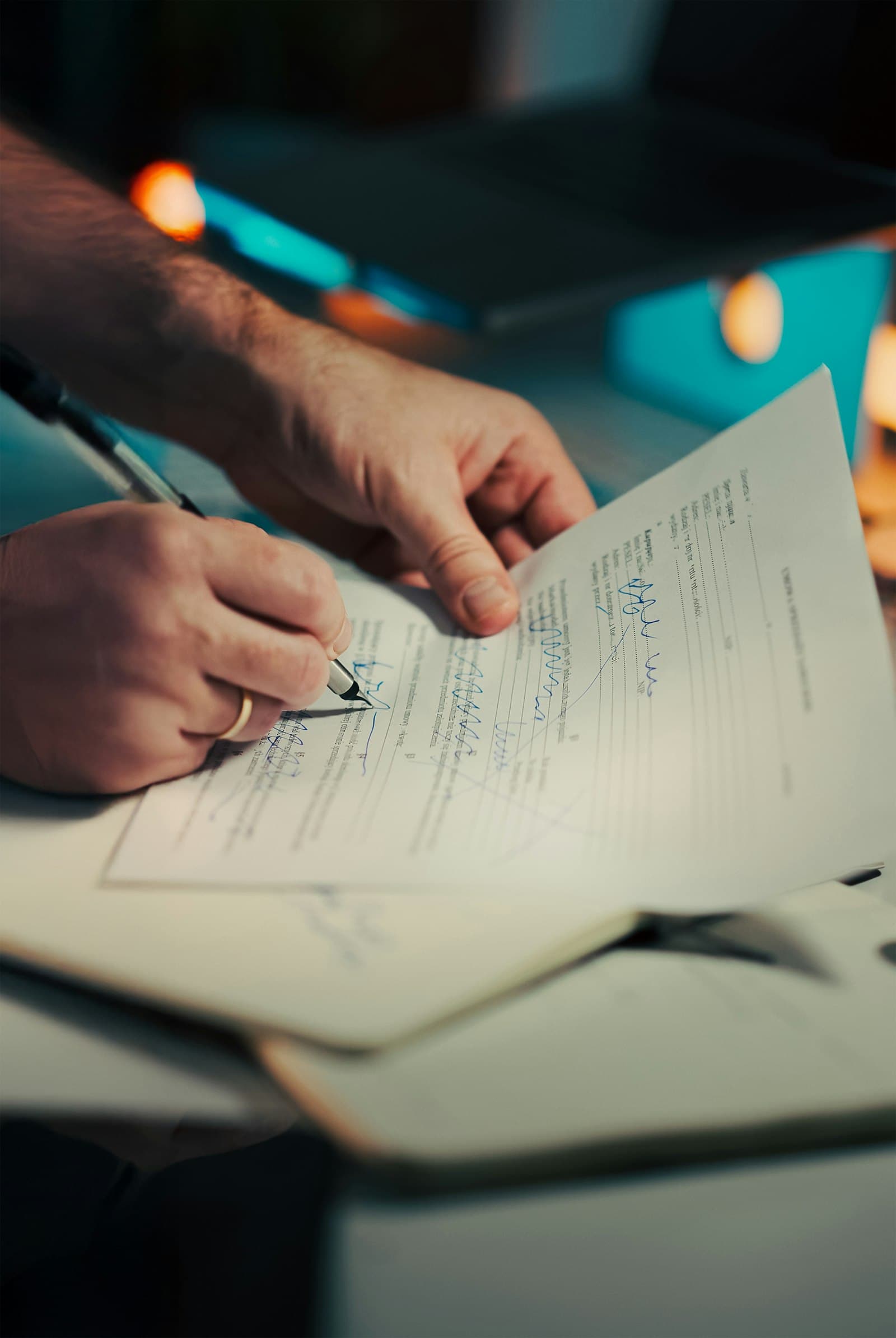 Stack of contract documents and a fountain pen on a wooden desk